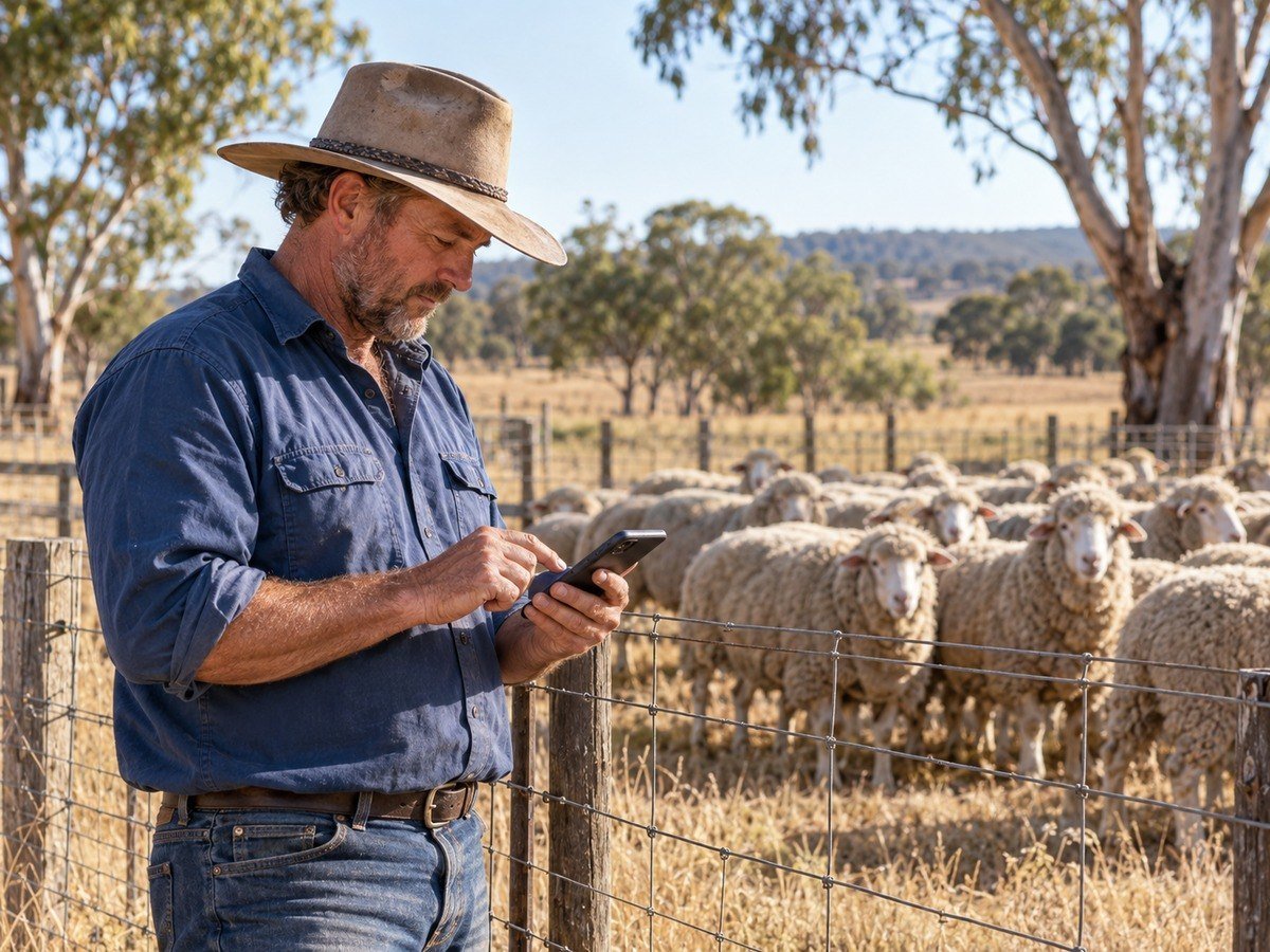 A farmer checking figures on his phone beside a sheep yard